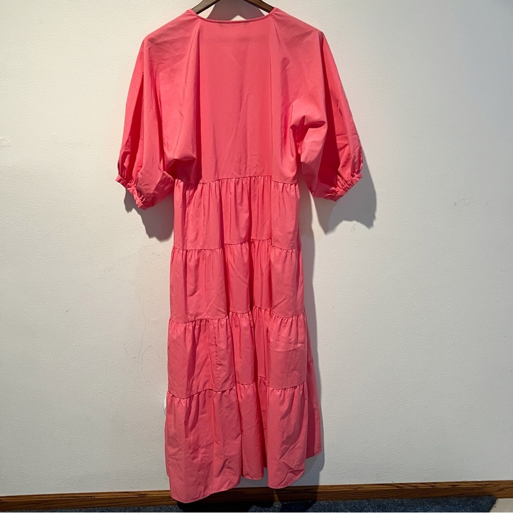 Zara Pink Tiered Poplin VNeck Oversized Maxi Dress Puff Sleeve Size XS - Picture 9 of 12